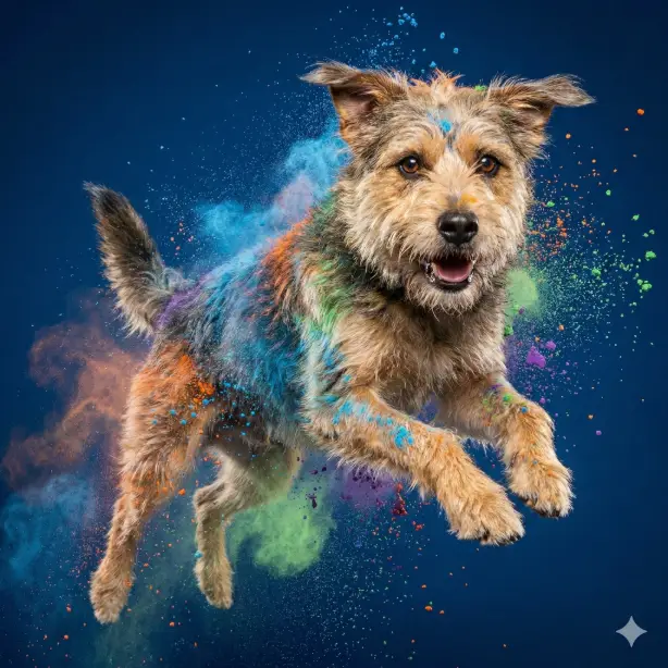 Create a dynamic studio action photo using the uploaded pet photo as the main subject. Capture the pet mid movement with colorful paint or powder splashes frozen in motion around the body. Use a bold solid background with high contrast lighting. Sharp focus on the pet's face, dramatic motion details, energetic commercial photography style. Use aspect ratio 1:1.