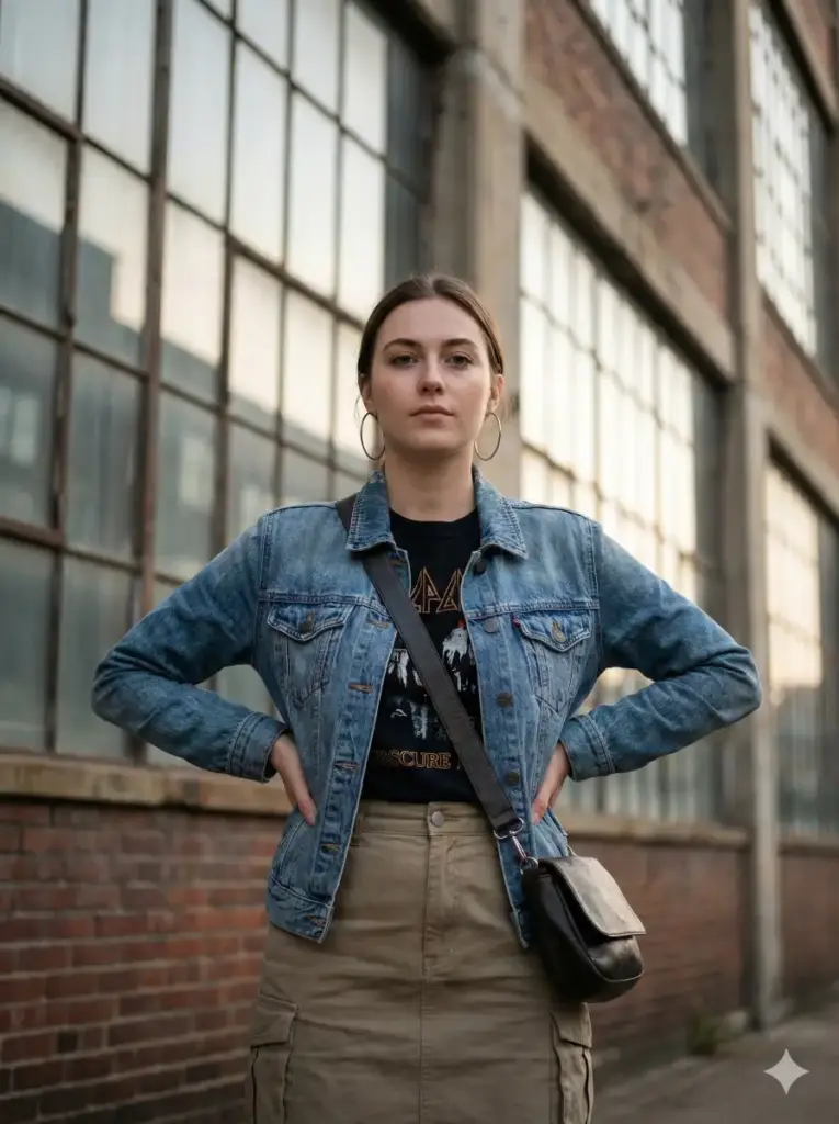Create an urban lifestyle portrait of a young adult woman standing confidently against a city building with large industrial-style windows. She poses with her hands resting on her hips, projecting strength and calm self-assurance. Her expression is composed and direct, creating a powerful yet approachable presence. She wears a distressed denim jacket layered over a black graphic t-shirt, paired with a neutral cargo-style skirt for a balanced street-style look. Accessories such as hoop earrings and a crossbody bag add character and edge. Soft natural daylight illuminates the scene evenly, preserving realistic skin tones and gentle shadows. The background features textured urban architecture rendered with shallow depth of field to keep focus on the subject. The image has subtle grain, balanced contrast, and a clean editorial color grade. Photorealistic lifestyle photography, street-style fashion, confident pose, natural light, no dramatic lighting, aspect ratio 3:4.
