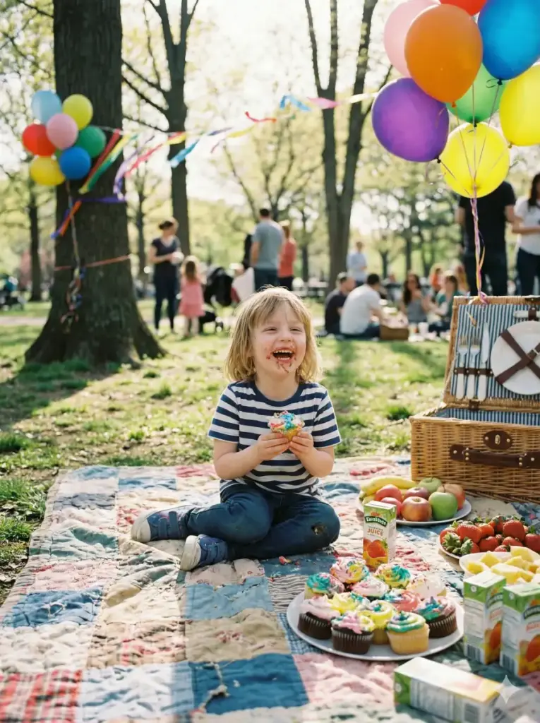 Create a fun outdoor birthday picnic scene featuring a child sitting on a blanket with birthday snacks, cupcakes, and balloons around them. The child is laughing while holding a cupcake with colorful frosting. Natural daylight creates soft highlights and realistic shadows. The environment feels relaxed, cheerful, and full of life, like a candid birthday moment captured professionally. Use aspect ratio 3:4.
