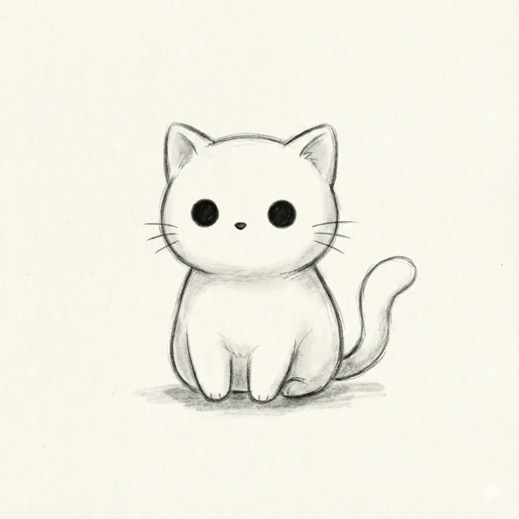 Create a simple, adorable pencil-sketch illustration of a small kitten sitting upright and facing forward. The kitten has a rounded head with pointy ears, large solid black circular eyes, a tiny dot nose, and short whiskers extending from each cheek. Its body is compact and softly rounded, with stubby front legs and a small curved tail visible behind it. The drawing is done in a loose graphite pencil style with gentle smudging, light shading beneath the body to suggest a shadow, and subtle texture from the paper grain. Lines are soft and slightly imperfect, giving it a hand-drawn, sketchbook feel. The background is plain and empty, resembling off-white or lightly aged paper. The overall mood is innocent, cozy, and childlike. Use aspect ratio 1:1.