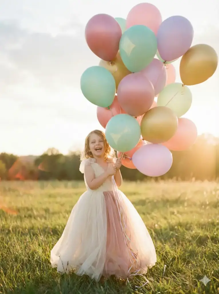 Create an enchanting portrait of a smiling child holding a large bunch of pastel helium balloons in shades of pink, mint green, lavender, and gold. The child stands in a sunlit meadow during golden hour, with soft grass beneath their feet and a dreamy, hazy sky behind them. They wear a flowing tulle dress or smart casual outfit in complementary soft colors. Some balloons appear to lift gently upward while the child laughs with genuine delight. The lighting is warm and ethereal, with lens flare adding to the magical birthday atmosphere. Use aspect ratio 3:4.