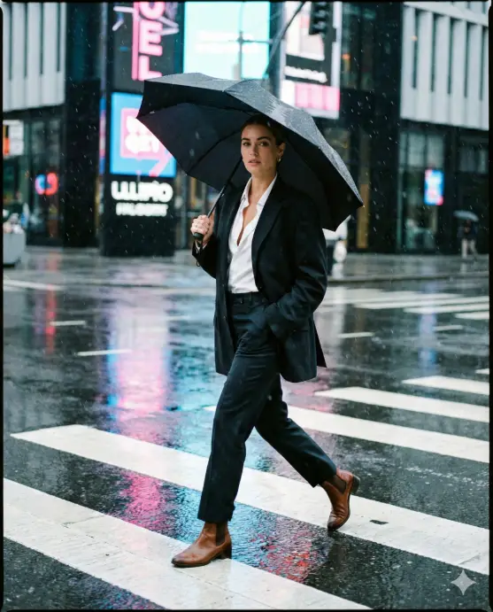 Create a fashionable rainy day photo of a woman walking across a crosswalk, mid-stride posture with natural arm movement, wearing an oversized dark blazer, white shirt slightly unbuttoned, tailored trousers, and ankle boots, holding a black umbrella tilted slightly back, confident gaze toward camera, rain droplets frozen in motion, glossy wet asphalt reflecting neon signs, modern city background, editorial street photography style. Use aspect ratio 4:5.