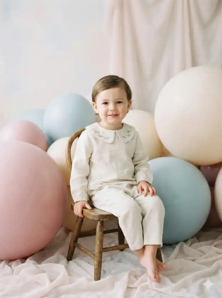 Create a dreamy birthday portrait of a young child sitting on a small chair surrounded by oversized pastel balloons and soft fabric drapes. The child is wearing a simple yet elegant birthday outfit and smiling gently at the camera. Soft studio lighting wraps around the face, creating smooth skin tones and a calm, polished look. The background feels airy and minimal, keeping the focus entirely on the child's expression and celebration mood. Use aspect ratio 3:4.