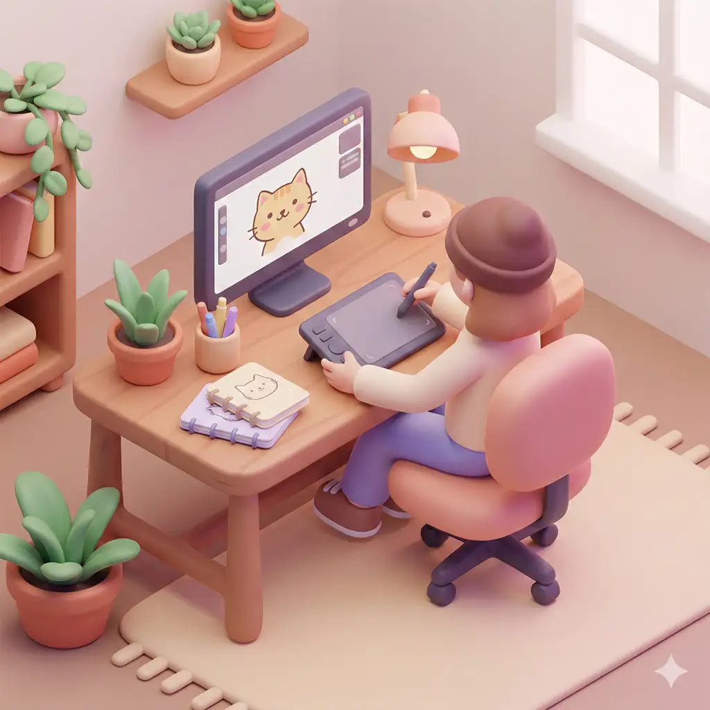 Create a cute 3D isometric illustration of a digital artist working at a creative desk from a classic three-quarter top-down isometric angle, designed in a soft, playful miniature style inspired by trendy social media artwork. The scene uses smooth 3D forms with rounded edges, simplified shapes, and slightly exaggerated proportions, featuring a clay-like or soft plastic look with pastel or gently saturated colors and subtle gradients. Lighting is soft and diffused from above and slightly to one side, producing clean highlights and gentle shadows. Include a drawing tablet, stylus, monitor with simple artwork, sketchbooks, art supplies, desk lamp, chair, and plants arranged neatly with clear spacing and visual balance, using minimal, polished textures for a modern feel. Keep the background simple with a minimal isometric room so the focus stays on the subject. The overall mood should feel cozy, friendly, and joyful, rendered in high quality with smooth edges, no noise, no realism, no complex textures, and no flat illustration style. Use aspect ratio 1:1.