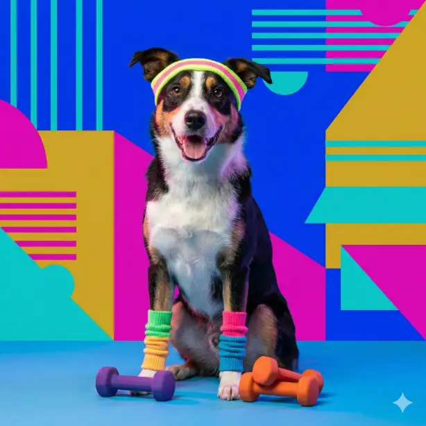 Create a stylish studio portrait using the uploaded pet photo as the main subject. Style the pet in a playful fitness theme with sweatbands, leg warmers, or small dumbbells nearby. Use a vibrant retro background with bold colors. The pet should sit confidently and look cheerful. Sharp lighting, colorful reflections, polished commercial photography feel. Use aspect ratio 1:1.