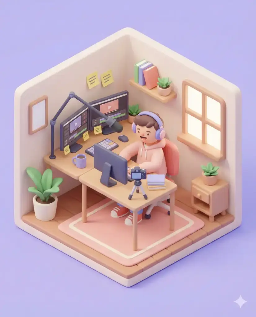 Create a cute 3D isometric illustration of a content creator editing videos at a desk from a classic three-quarter top-down isometric angle, designed in a soft, playful miniature style inspired by trendy social media artwork. The scene uses smooth 3D forms with rounded edges, simplified shapes, and slightly exaggerated proportions, featuring a clay-like or soft plastic look with pastel or gently saturated colors and subtle gradients. Lighting is soft and diffused from above and slightly to one side, producing clean highlights and gentle shadows. Include a desk setup, dual monitors, a microphone, a camera on a small tripod, headphones, sticky notes, books, and indoor plants arranged neatly with clear spacing and visual balance, using minimal, polished textures for a modern feel. Keep the background simple with a minimal isometric room so the focus stays on the subject. The overall mood should feel cozy, friendly, and joyful, rendered in high quality with smooth edges, no noise, no realism, no complex textures, and no flat illustration style. Use aspect ratio 4:5.