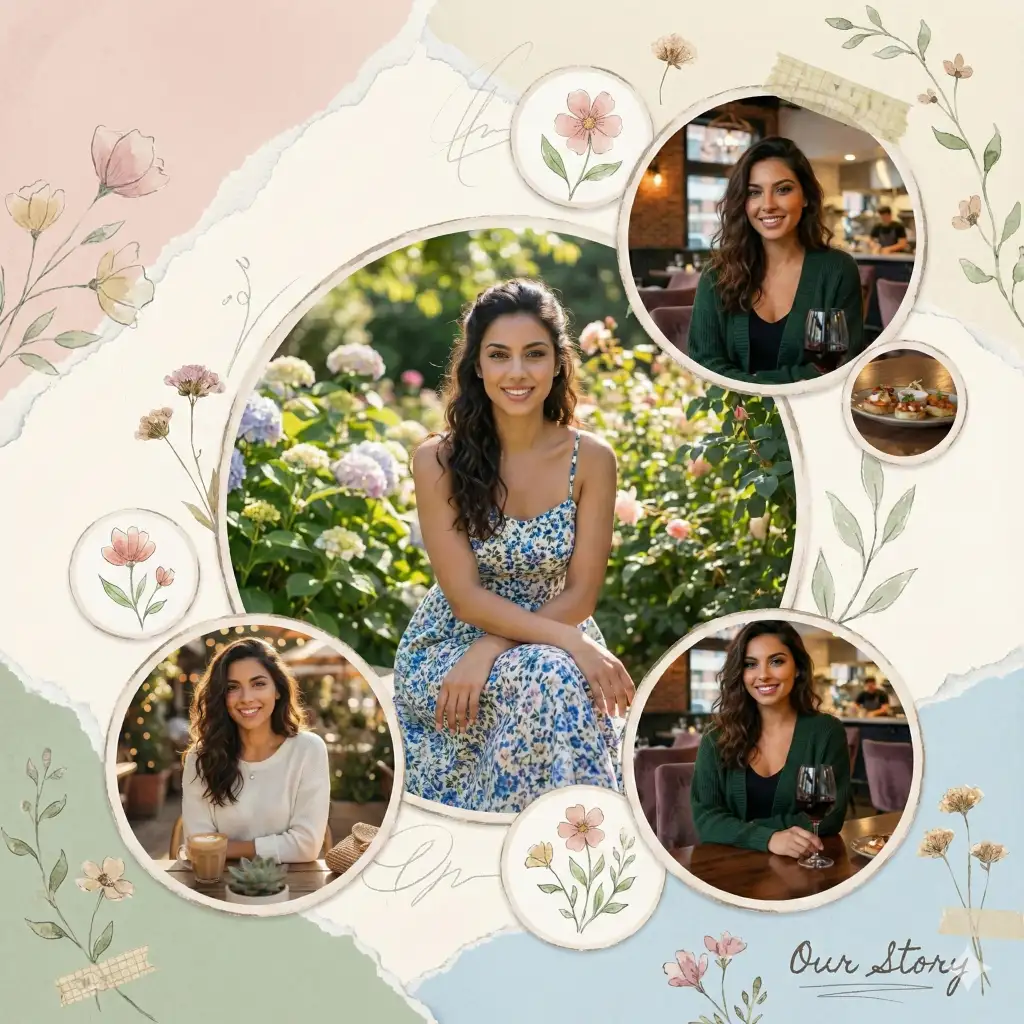 Create a scrapbook-style collage featuring circular photo frames arranged in a flowing, organic layout. Place one main image at the center and surround it with smaller circular photos that tell a story. Use subtle floral illustrations, light textures, and muted pastel backgrounds for warmth. Keep the design playful yet refined, with smooth edges and consistent lighting across all photos. The collage should feel emotional, personal, and visually balanced. Aspect ratio 1:1.