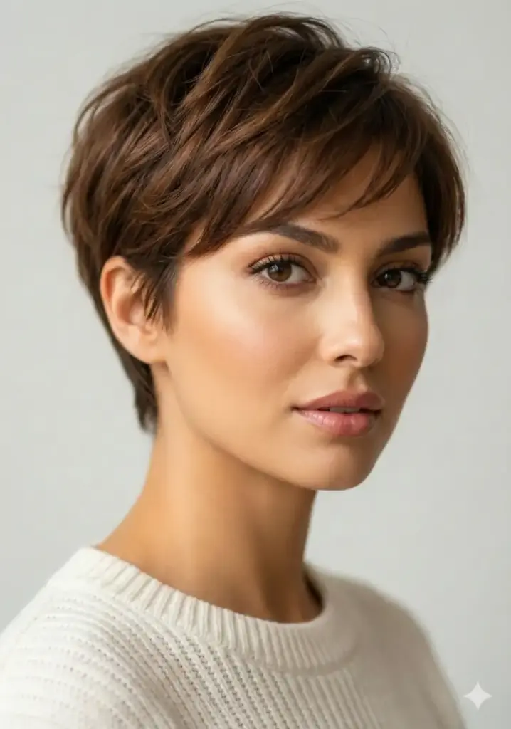 Transform this woman's hairstyle into a modern pixie cut. Keep the sides and back very short (about 1-2 inches), with slightly longer layers on top (2-3 inches) that can be styled with texture and volume. Add subtle side-swept bangs that graze the eyebrow. Maintain her natural hair color and ensure the cut frames her face shape elegantly. The style should look fresh, edgy, and professionally cut with defined layers.