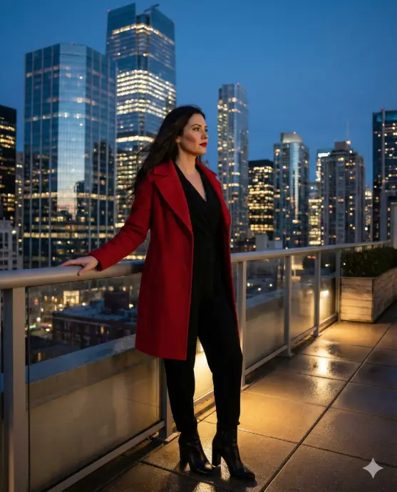 Create a night city lifestyle photo of an adult woman standing on a rooftop terrace overlooking the city, straight posture with both hands resting on the railing, wearing a fitted red coat over a black outfit, heeled boots, long hair gently moving in the breeze, bold lipstick, calm confident gaze toward the skyline, glowing skyscrapers behind her, soft cinematic lighting, high-end fashion lifestyle feel. Use aspect ratio 4:5.