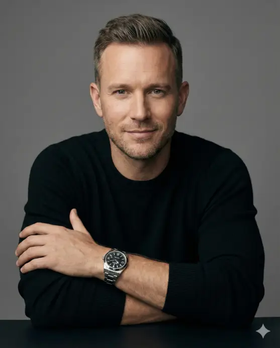 Create a refined studio portrait of a handsome, well-groomed man posed from the chest up against a smooth neutral grey background. He leans slightly forward with his forearms resting on a surface, one arm crossing the other in a relaxed yet confident posture. His hand rests naturally on his opposite arm, subtly showcasing a high-end stainless-steel wristwatch as a quiet focal point. He has neatly styled short hair with soft volume, light stubble, clear skin, and balanced, masculine facial features. His expression is calm, self-assured, and approachable, with a direct gaze into the camera that conveys confidence and understated elegance. He wears a minimalist black knit sweater with a clean silhouette, emphasizing simplicity and timeless style. The watch stands out with crisp metallic details and a dark face, reinforcing a luxury lifestyle tone. Lighting is soft and controlled, evenly illuminating the face and clothing while gently sculpting contours. The background remains minimal and distraction-free, with smooth tonal transitions. Colors are natural and muted, with realistic skin tones and sharp detail. Use 4:5 aspect ratio.