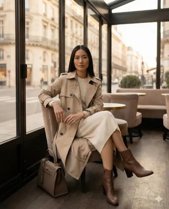 Create a luxury lifestyle photo of a woman seated inside a high-end café with floor-to-ceiling windows, elegant posture with straight back and crossed legs, wearing a beige trench coat over a fitted knit dress, designer ankle boots, minimal gold jewelry, structured handbag placed beside her chair, sleek hair parted cleanly, composed expression, warm natural lighting, blurred city street outside, premium lifestyle photography style, clean Instagram aesthetic. Use aspect ratio 4:5.