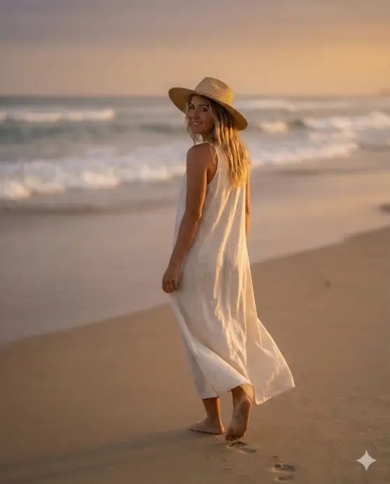 Create a fashionable beach lifestyle photo of a woman walking away along the shoreline while turning her head slightly back toward the camera, relaxed posture with natural movement, wearing a flowing beach outfit with soft fabric motion, barefoot on smooth sand, subtle smile, warm sunlight illuminating her face, camera positioned behind at mid-height, ocean softly blurred in background, elegant Instagram lifestyle mood, high-end realistic photography style. Use aspect ratio 4:5.