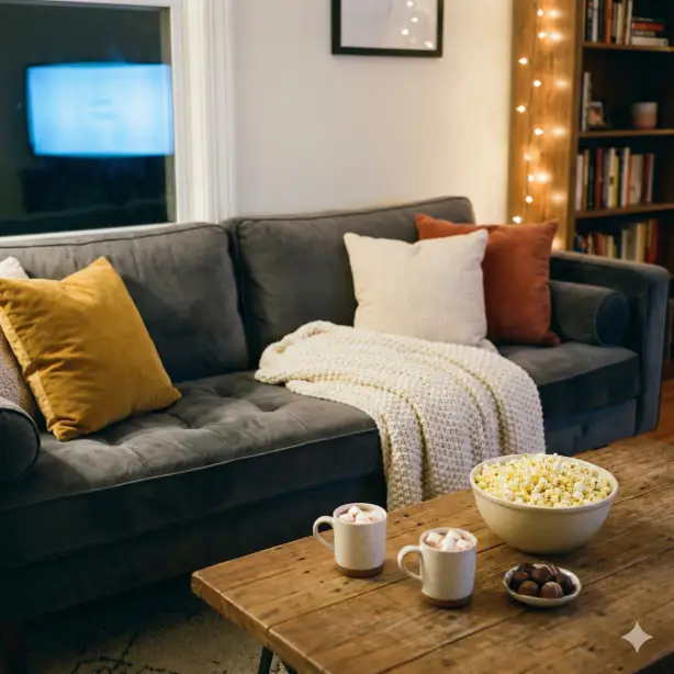 Create a cozy movie night scene featuring a deep gray velvet sofa with an assortment of plush throw pillows in mustard, cream, and terracotta, soft chunky knit blanket draped across the seats, rustic wooden coffee table in the foreground holding a large bowl of buttered popcorn, two mugs of hot cocoa topped with marshmallows, and a small dish of chocolates, TV screen casting a soft blue glow visible in the reflection of a nearby window, string lights draped along a bookshelf creating warm ambient lighting, shot from behind the coffee table looking toward the inviting sofa setup, relaxed and intimate evening atmosphere with warm grays, mustard, cream, and soft ambient lighting. Use aspect ratio 1:1.