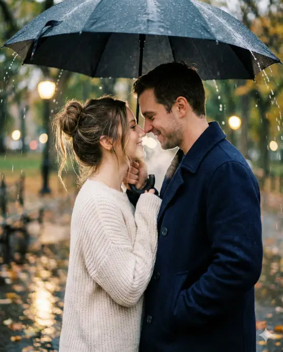 Create a romantic close-up of a couple sharing a black umbrella on a rainy evening in a park setting. The woman wears a cream-colored knit sweater and has her hair in a loose bun with strands falling around her face. The man wears a navy blue peacoat. They're standing very close, faces nearly touching, both smiling softly at each other. The umbrella frames them from above, with rain visible falling around its edges. Soft bokeh from distant streetlamps creates dreamy circular lights in the background. Autumn leaves float in puddles at their feet. Use aspect ratio 4:5.