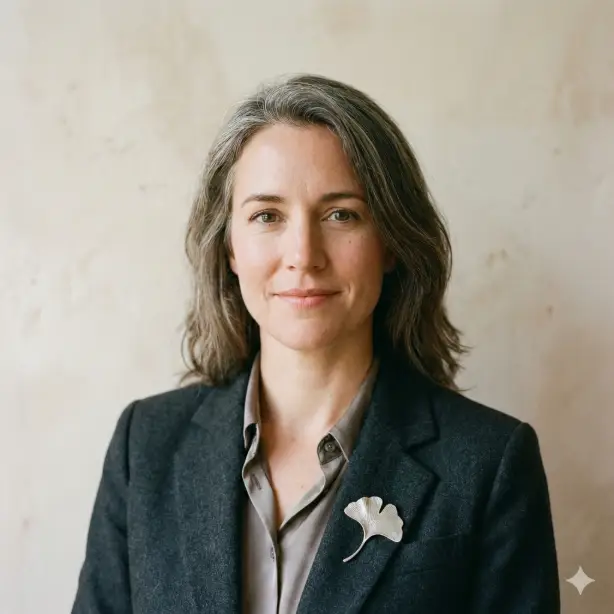 Create a realistic LinkedIn profile photo of a professional with a subtle creative touch, maintaining a refined and credible appearance. Use soft natural light and a lightly textured but minimal background. Frame the subject from shoulders upward with clear facial visibility and calm eye contact. Preserve natural skin detail, professional styling, and a square 1:1 crop.