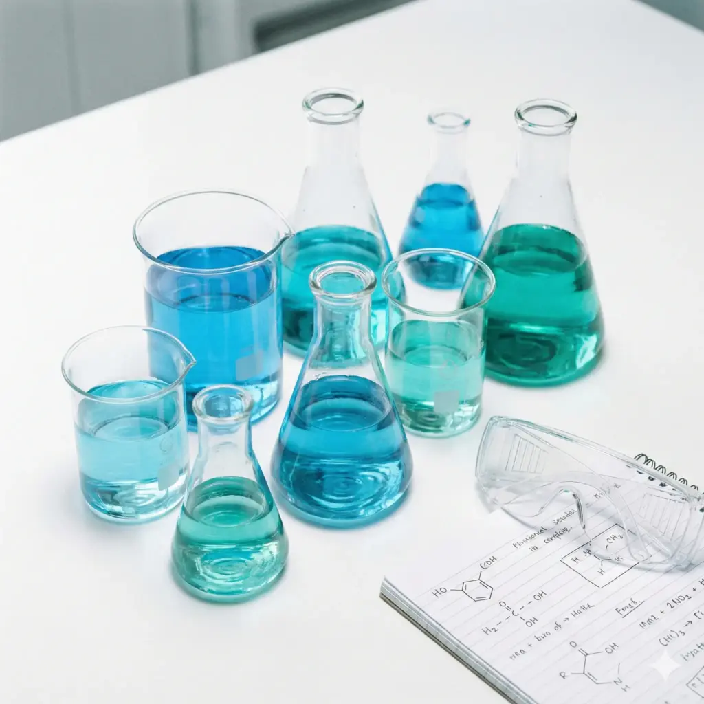 Create a clean, scientific still life featuring a cluster of laboratory beakers and Erlenmeyer flasks filled with liquids in varying shades of translucent blue and teal. Place them on a sterile white countertop. Use bright, clinical lighting to create crisp reflections and refractions in the glass. Add a pair of safety goggles and a notebook with chemical formulas scribbled on it. Sharp focus, high key lighting, minimalist and intellectual. Use aspect ratio 1:1.