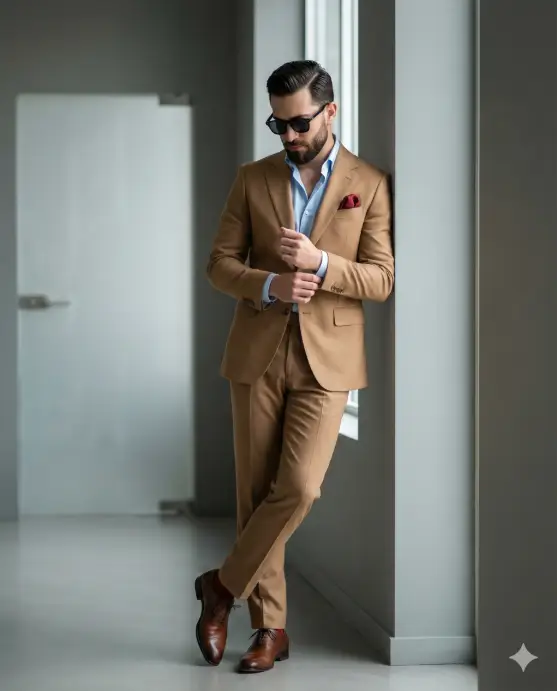 Create a sophisticated indoor fashion portrait of a refined man leaning casually against a minimalist wall in a modern interior corridor. He stands in a relaxed pose, legs crossed at the ankles, head slightly tilted downward as he adjusts the cuff of his sleeve, conveying calm confidence and effortless class. He has neatly groomed dark hair, a well-trimmed beard, and wears dark, angular sunglasses that add a discreet air of mystery. His outfit is impeccably tailored: a camel-colored suit with sharp structure and clean lines, paired with a light blue dress shirt worn open at the collar. A rich red pocket square provides a bold yet tasteful accent, complemented by matching red socks and polished brown leather dress shoes. The setting is a clean, modern interior with soft grey walls and a frosted glass door behind him. The environment is minimal and uncluttered, allowing the outfit and posture to dominate the frame. Lighting is soft, natural, and directional, creating gentle shadows that sculpt the suit's texture and enhance facial features without harsh contrast. The color palette is elegant and balanced: warm camel tones, cool blues, muted greys, and subtle red accents, producing a premium editorial look. Use aspect ratio 4:5.