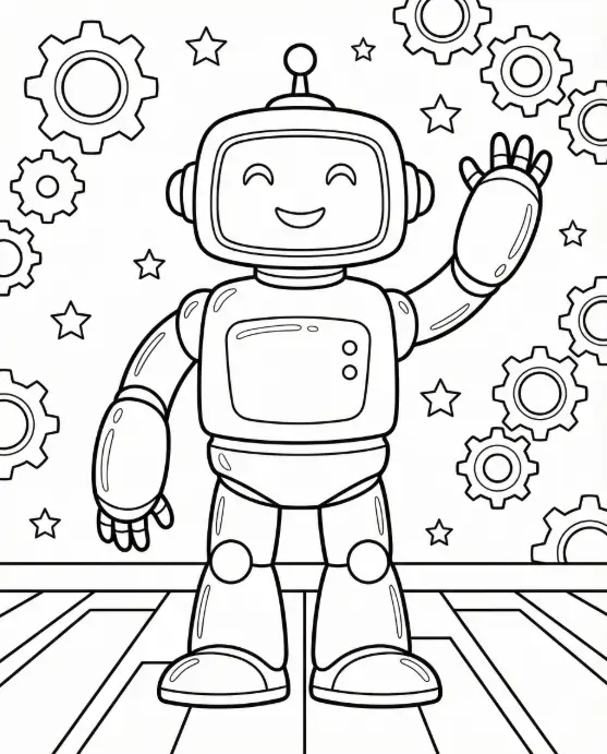 Create a black and white coloring page illustration of a friendly robot waving in a clean, printable coloring book style. The image should use pure line art with smooth, bold black outlines on a white background, with clear separation between all elements for easy coloring. The robot should be standing upright with one arm raised, and the background should include simple gears, stars, and floor lines without overpowering the main subject. Do not include any shading, gradients, grayscale, textures, or color of any kind. The illustration should have no text, letters, numbers, logos, or watermarks and should appear neat and professional when printed. Generate the image in high resolution, vertical layout, and use an aspect ratio of 4:5.