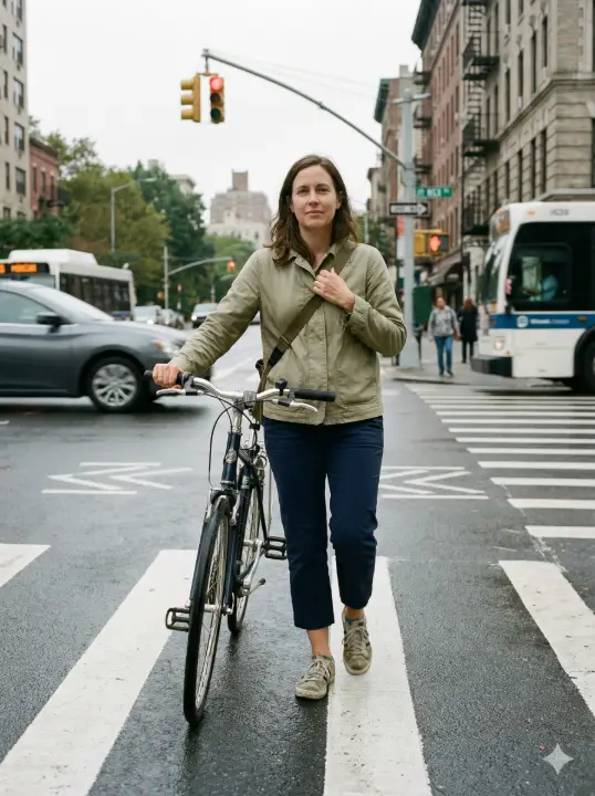 Create a natural street photography image of a woman pushing a bicycle across a pedestrian crossing, holding the handlebar with one hand and adjusting her bag strap with the other, wearing a light jacket, cropped pants, and sneakers, relaxed posture, neutral expression, overcast sky, traffic lights and road markings visible, subtle motion blur from passing vehicles, realistic lighting, and a documentary-style city moment. Use aspect ratio 3:4.