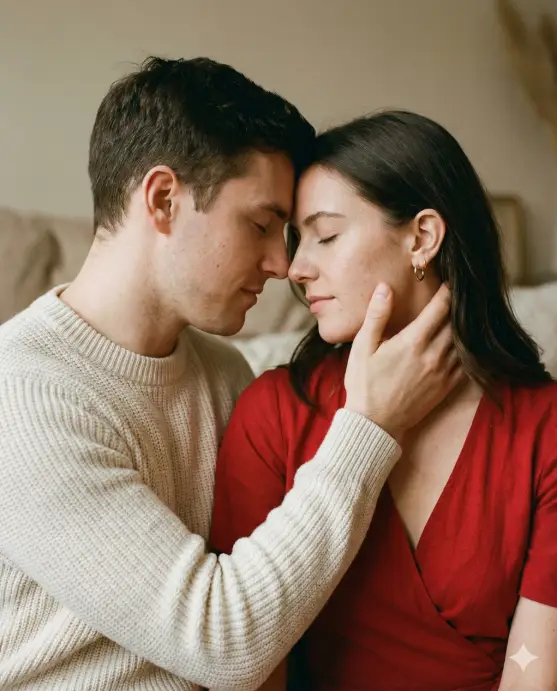 Create a romantic Valentine's Day close-up couple photo of a young adult man and young adult woman standing face to face, foreheads gently touching, both with relaxed soft expressions, the man wearing a neutral knit sweater, the woman wearing a red wrap dress with delicate earrings, natural makeup with soft blush, camera tightly framed from chest up, shallow depth of field, soft diffused lighting highlighting skin texture, blurred neutral background, intimate Instagram couple aesthetic. Use aspect ratio 4:5.