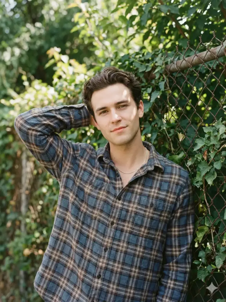 Create an outdoor lifestyle portrait of a young adult man standing casually beside a chain-link fence covered with climbing leaves. He poses in a relaxed manner with one arm raised and his hand resting behind his head, conveying ease and quiet confidence. His expression is calm and self-assured, with direct eye contact toward the camera. He wears a plaid flannel shirt in muted blue and brown tones, styled casually with the top buttons open, paired with minimal accessories such as a thin chain necklace or bracelet. Soft natural daylight illuminates his face evenly, producing realistic skin tones and gentle shadows. The background features lush foliage and fence textures rendered with shallow depth of field, keeping focus on the subject while maintaining an organic outdoor feel. The image has subtle grain, balanced contrast, and a natural editorial color grade. Photorealistic lifestyle photography, natural light, relaxed pose, earthy aesthetic, no harsh lighting, aspect ratio 3:4.