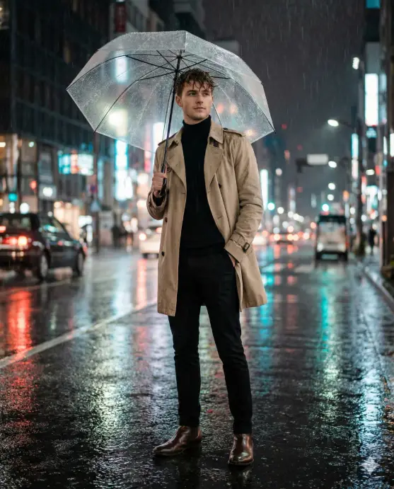 Create a stylish rainy street portrait of a young man standing confidently under a transparent umbrella, relaxed upright posture with one hand in pocket, wearing a long beige trench coat over a black turtleneck, slim black trousers, and polished leather boots, wet hair slightly textured, calm thoughtful expression, soft rain falling around him, reflective puddles on the road, blurred city lights in the background, shallow depth of field, cinematic lighting, moody color tones, high-fashion urban photography style. Use aspect ratio 4:5.