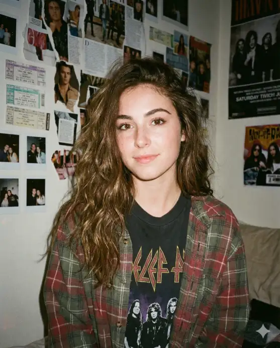 Create a portrait of this person with their original face unchanged, captured using a vintage 1990s disposable camera aesthetic with direct front flash. The subject has tousled, slightly messy hair styled casually, with a relaxed and effortlessly cool expression that feels candid and authentic. They are wearing an oversized vintage band t-shirt layered under an open flannel shirt in muted plaid tones. The setting is a lived-in bedroom with walls decorated in torn magazine cutouts, concert ticket stubs, polaroid snapshots, and band posters, creating a nostalgic and personal atmosphere. The lighting is dim and moody with the harsh pop of the camera flash illuminating the subject's face, producing slight red-eye effect and washed-out highlights typical of point-and-shoot photography from that era. The image has visible film grain, subtle light leaks at the edges, slightly muted and warm color tones with a soft focus quality. The overall mood evokes late-night hangouts, youth culture, and the raw, unpolished charm of amateur film photography from the grunge and alternative era. Use aspect ratio 4:5.