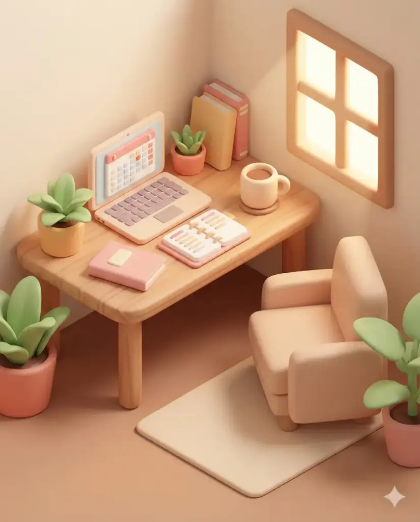 Create a cute 3D isometric illustration of a morning desk routine from a classic three-quarter top-down isometric angle, designed in a soft, playful miniature style inspired by trendy social media artwork. The scene uses smooth 3D forms with rounded edges, simplified shapes, and slightly exaggerated proportions, featuring a clay-like or soft plastic look with warm pastel colors and subtle gradients. Lighting is soft and diffused from above and slightly to one side, producing clean highlights and gentle shadows. Include a desk, laptop, planner, coffee mug, books, window with sunlight, chair, rug, and plants arranged neatly with clear spacing and visual balance, using minimal, polished textures for a modern feel. Keep the background simple with a minimal isometric room so the focus stays on the subject. The overall mood should feel cozy, friendly, and joyful, rendered in high quality with smooth edges, no noise, no realism, no complex textures, and no flat illustration style. Use aspect ratio 4:5.