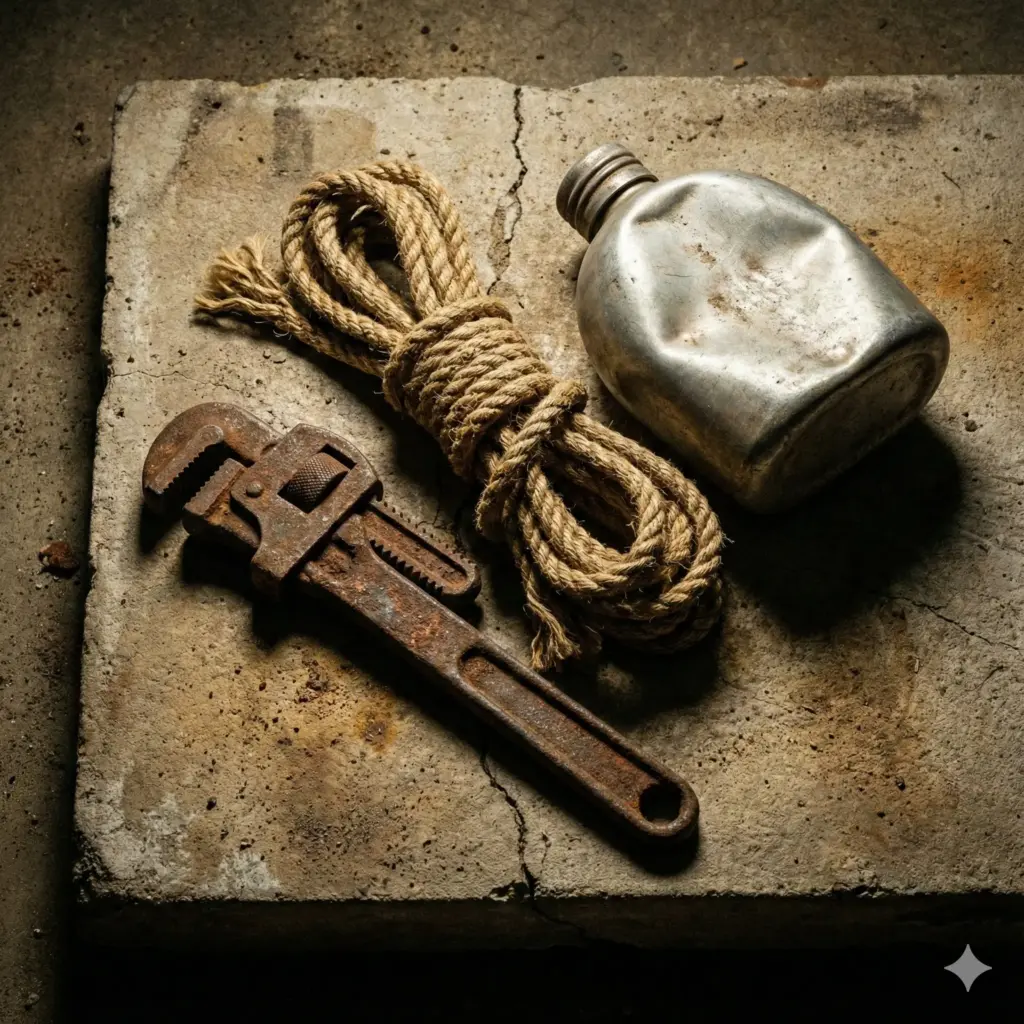 Create a gritty, industrial still life photograph featuring a rusty monkey wrench, a coil of thick, frayed rope, and a dented metal canteen. Arrange these objects on a raw concrete slab with visible cracks and dust. Use harsh, directional overhead lighting to emphasize the textures, corrosion, and imperfections. The color palette should be muted grays, browns, and ochres, with a focus on realism and detailed surface rendering. Sharp focus throughout, 8k resolution. Use aspect ratio 1:1.