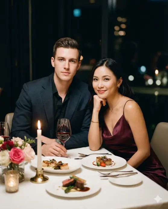 Create a luxury Valentine's Day evening couple photo of a young adult man and young adult woman seated at a fine-dining table, the man sitting upright with composed posture, one hand resting near a wine glass, the woman leaning slightly forward with her elbow on the table and chin resting on her hand, the man wearing a dark tailored blazer, the woman wearing a deep wine-colored satin dress, elegant makeup, camera shot at table height, warm candlelight illuminating faces, dark elegant background with soft bokeh, upscale Instagram date-night aesthetic. Use aspect ratio 4:5.