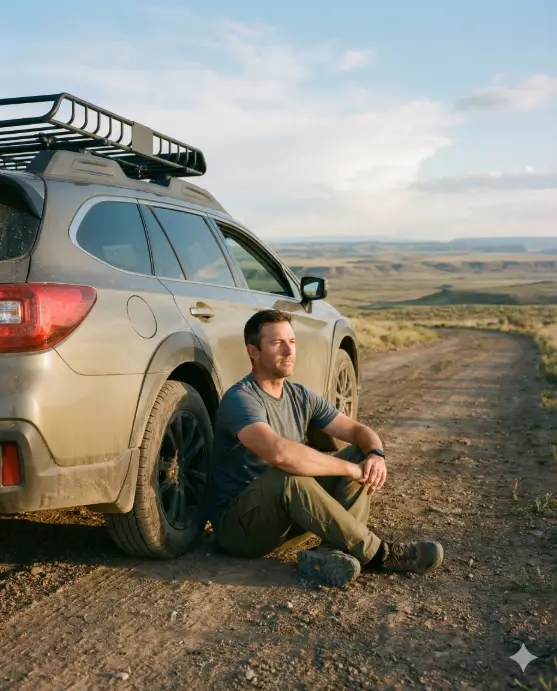 Create a cinematic road trip photo of an adult man sitting cross-legged on the ground beside a parked car, relaxed grounded posture with hands resting on knees, wearing a breathable t-shirt, cargo pants, trail shoes, slightly tousled hair, calm introspective expression, wide open plateau landscape, clear sky with subtle clouds, late afternoon natural light, cinematic clarity, professional adventure travel photography. Use aspect ratio 4:5.