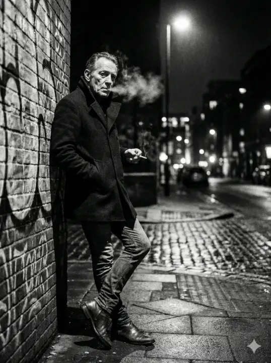 Create a cinematic street photography portrait of a man smoking near a street corner, standing with one foot against the wall and shoulders relaxed, wearing a dark wool coat, fitted jeans, and leather boots, one hand holding the cigarette and the other tucked into his pocket, exhaling smoke slowly, dramatic side lighting from a nearby streetlamp, high contrast shadows, shallow depth of field, gritty urban textures, and a raw unposed mood. Use aspect ratio 3:4.
