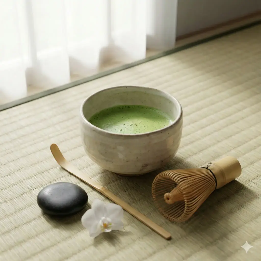 Create a serene, Zen-inspired still life photo of a traditional Japanese matcha set. Center a ceramic chawan (tea bowl) filled with frothy bright green matcha, a bamboo whisk (chasen), and a wooden scoop resting on a tatami mat. Place a single smooth black river stone and a small white orchid bloom nearby for balance. Use soft, diffused natural light to create gentle shadows. The composition should be minimalist, peaceful, and harmonious. Photorealistic, 8k. Use aspect ratio 1:1.