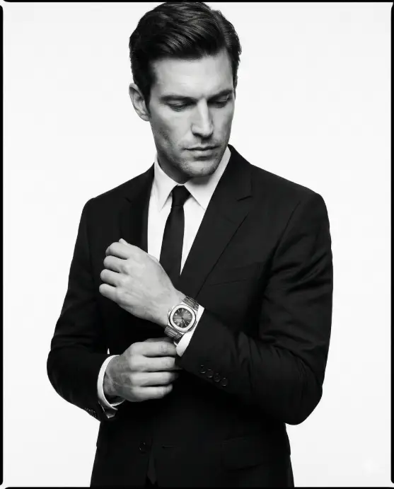 Create a striking black-and-white studio portrait of an elegant, well-dressed man in a tailored dark suit. The composition is waist-up, slightly off-center, with the subject looking downward in a contemplative, focused moment as he adjusts the cuff of his suit jacket. One hand gently grips the sleeve while the other reveals a luxury stainless-steel wristwatch, which becomes the visual focal point of the image. He has neatly styled short hair, a clean-shaven face, strong jawline, and sharp, masculine features. His expression is calm, serious, and introspective, conveying confidence, discipline, and refined taste. The suit is impeccably fitted with crisp lines, worn over a white dress shirt and a slim, understated tie. The background is a seamless white studio backdrop, minimal and distraction-free, enhancing the contrast and timeless feel. Lighting is soft yet directional, sculpting facial structure and suit texture with elegant shadows. The entire image is rendered in high-contrast monochrome, with deep blacks, clean whites, and rich mid-tones for a classic luxury editorial look. Use 4:5 aspect ratio.