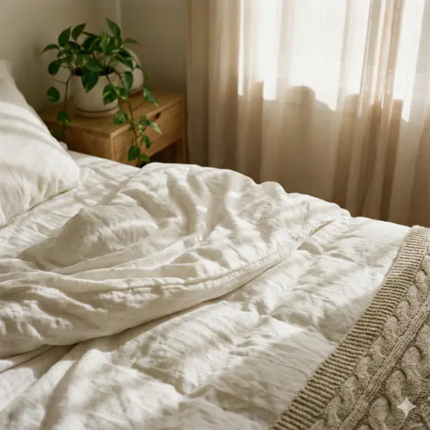 Create a serene bedroom close-up featuring rumpled white linen bedding with visible texture and soft shadows in the folds, corner of a chunky cable-knit throw blanket in oatmeal visible at the edge of frame, potted trailing pothos on the nightstand in the soft-focus background, soft morning golden hour light streaming through gauzy curtains creating warm stripes across the bed, subtle dust particles visible in the light beams, shot from above at a gentle angle capturing the unmade bed aesthetic, peaceful and lazy morning atmosphere with warm whites, creams, and natural wood tones. Use aspect ratio 1:1.