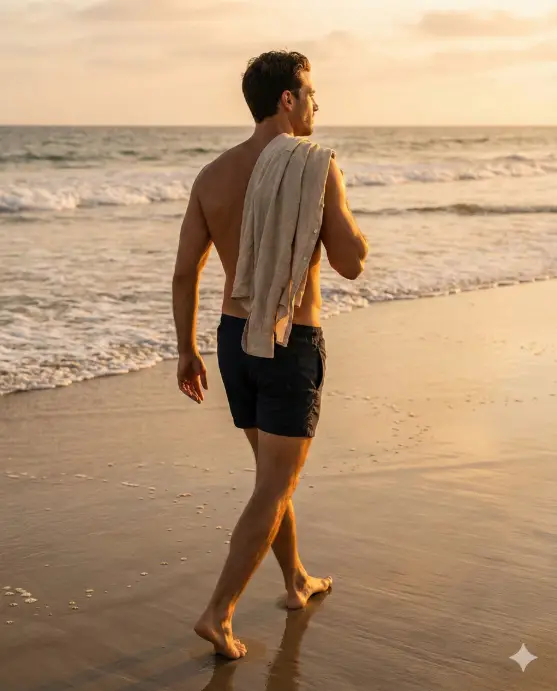 Create a cinematic beach lifestyle photo of a man walking along the shoreline carrying a linen shirt over one shoulder, relaxed posture with natural stride, wearing fitted swim shorts, barefoot on wet reflective sand, confident casual expression, sunlight casting warm highlights across his back and arms, camera positioned behind and slightly to the side at mid-height, gentle waves and open sky in background, premium Instagram travel mood, realistic lifestyle photography quality. Use aspect ratio 4:5.