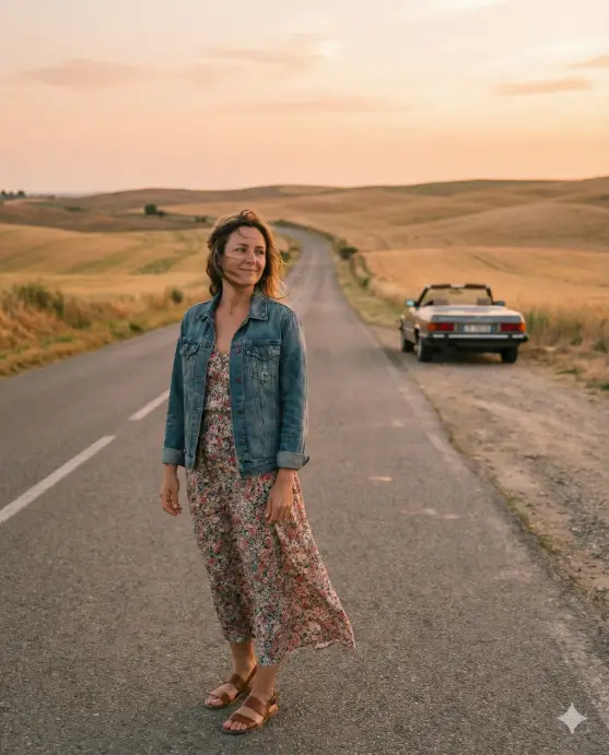 Create a realistic road trip photo of an adult woman standing in the middle of a quiet countryside road, relaxed upright posture with arms loosely by her sides, wearing a flowing maxi dress layered with a denim jacket, flat sandals, hair gently blowing in the wind, calm introspective expression, golden fields on both sides of the road, soft sunset lighting, dreamy mood, high-quality lifestyle travel photography. Use aspect ratio 4:5.