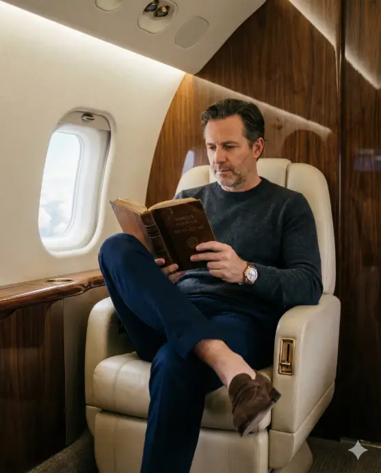 Create a photograph of a man seated in a cream leather seat inside a private jet cabin, one leg crossed over the other, reading a leather bound book. He wears a fitted charcoal cashmere sweater, tailored navy trousers, and brown suede loafers without socks. A luxury watch catches the light on his wrist. The interior features polished wood accents and soft ambient cabin lighting. Warm intimate lighting, shallow depth of field focusing on the subject, sophisticated and understated mood. Use aspect ratio 4:5.