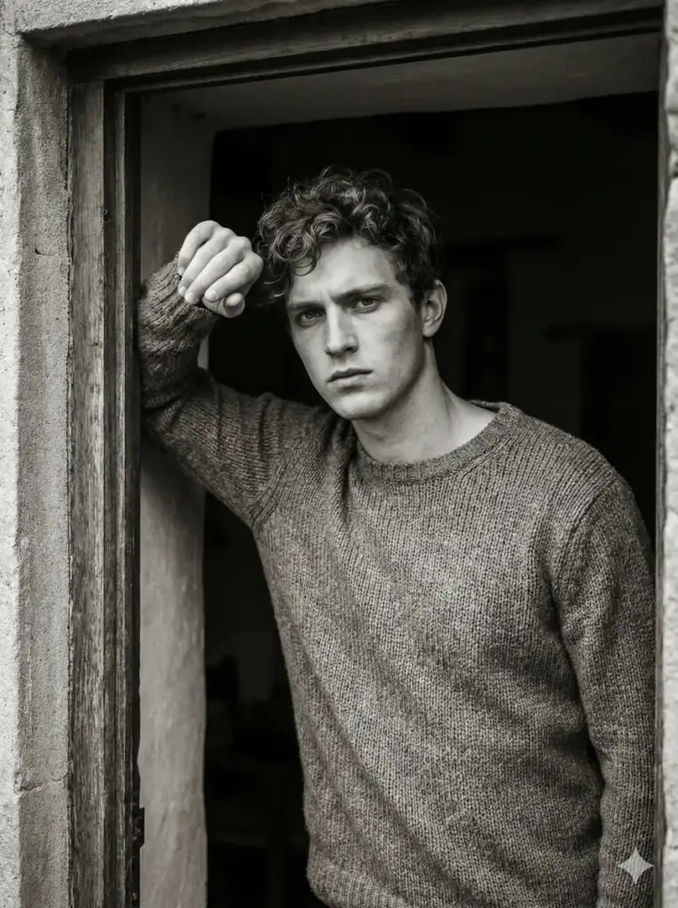Create a dramatic black-and-white portrait of a young adult man standing within a narrow doorway or window frame. He raises one arm to rest against the frame above his head, forming a strong yet natural composition. His expression is serious and introspective, with direct eye contact that conveys emotional depth and quiet intensity. He wears a simple textured knit sweater, understated and timeless. Soft directional light falls across his face from one side, sculpting facial features while allowing deep shadows to shape the mood. The background remains dark and uncluttered, emphasizing contrast and focus. The image features sharp facial detail, rich grayscale tones, controlled highlights, and a cinematic editorial finish. Photorealistic monochrome portrait photography, moody lighting, intimate framing, minimal styling, no harsh glare, aspect ratio 3:4.