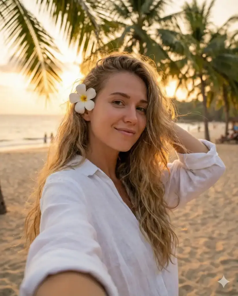 Create a photorealistic tropical lifestyle portrait of a young woman captured in a close-up, slightly angled selfie-style composition on a beach during golden hour. She faces the camera with a soft, relaxed smile and a gentle, natural expression. Her long hair is loose, voluminous, and windswept, with visible movement strands framing her face, and a single fresh frangipani flower tucked behind her ear. She wears a simple white shirt that feels light, casual, and effortless. The background features tall palm trees rising behind her, with warm sunset light filtering through the leaves and a sandy beach fading softly into the distance. Lighting is warm and natural, casting a golden glow on her skin while preserving realistic texture and subtle highlights. The depth of field is shallow, keeping her face sharp while softly blurring the background for a dreamy, vacation-like atmosphere. The overall mood is calm, intimate, and serene, evoking a peaceful tropical escape captured in an unposed moment. High resolution, realistic lens behavior, true-to-life colors, no distortion, no text, no artifacts. Aspect ratio 4:5.