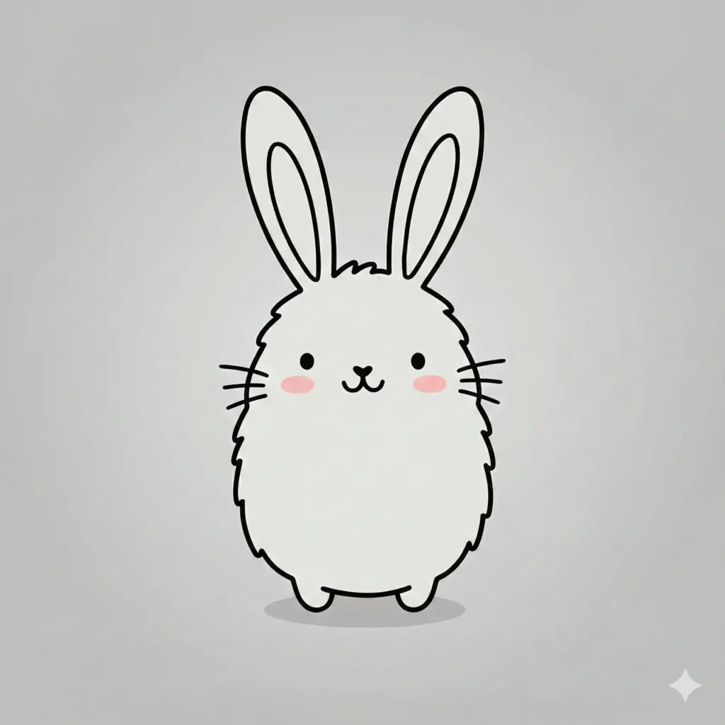 Create a minimalist, cute illustration of a small, upright bunny character facing forward. The bunny has a simple oval-shaped body with slightly fluffy, uneven edges, long upright ears with clean outlines, and tiny dot eyes. Its face features a small "w"-shaped mouth, short whiskers, and soft pink blush on its cheeks, enhancing the gentle, friendly expression. The line art is bold, smooth, and slightly playful, with a hand-drawn feel. The body is filled with a light gray or off-white tone, contrasted by black outlines. The bunny stands on tiny rounded feet with a faint shadow beneath it. The background is a smooth, neutral gray gradient with no details, keeping full focus on the character. The overall style feels like a children's illustration. Use aspect ratio 1:1.