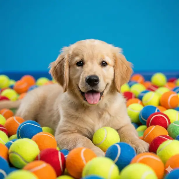 Create a high quality studio photo using the uploaded pet photo as the main subject. Place the pet lying comfortably inside a colorful ball pit filled with bright tennis balls. The pet should look relaxed and happy, tongue slightly out, natural expression. Use a clean vibrant solid background with soft studio lighting and crisp focus on fur texture. Add a fun lifestyle mood with shallow depth of field and subtle shadows. Ultra realistic fur details, sharp eyes, professional pet photography style. Use aspect ratio 1:1.