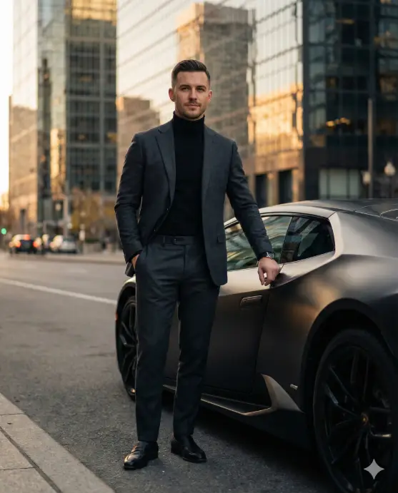 Create a luxury lifestyle portrait of a confident man standing beside a matte black supercar in an upscale city street, relaxed upright posture with one hand in his trouser pocket and the other resting lightly on the car door, wearing a tailored charcoal suit with a fitted black turtleneck, polished leather loafers, minimalist wristwatch, clean haircut, subtle stubble, calm confident expression, golden hour lighting reflecting off glass buildings, shallow depth of field, cinematic color grading, premium fashion photography style, ultra sharp details, realistic skin texture, high-end Instagram aesthetic. Use aspect ratio 4:5.