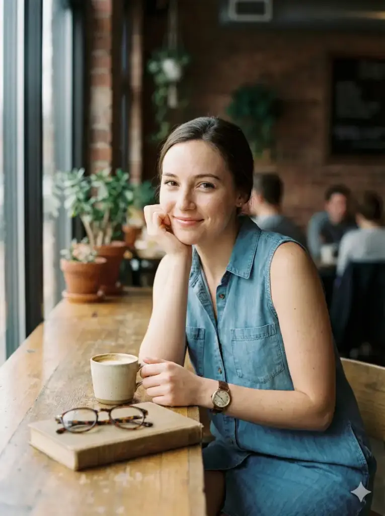 Create a cozy indoor lifestyle portrait of a young adult woman seated at a café table in a relaxed, natural pose. She rests her head gently on one hand, smiling softly toward the camera with a warm, approachable expression. Her posture feels casual and unforced, capturing an everyday candid moment. She wears a sleeveless denim dress with clean lines and minimal accessories, including a wristwatch. A cup of coffee sits on the table beside a closed book and a pair of eyeglasses, adding subtle lifestyle context. Soft natural light illuminates her face evenly, producing smooth skin tones and gentle shadows. The background features warm interior textures and remains softly blurred to maintain focus on the subject. The image has a shallow depth of field, realistic color balance, subtle grain, and a warm, editorial color grade. Photorealistic lifestyle photography, natural light, relaxed mood, no harsh lighting, no artificial glow, aspect ratio 3:4.