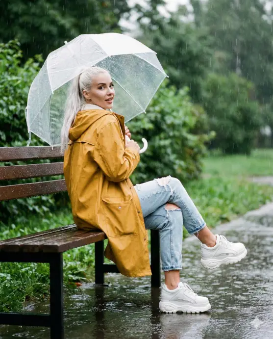 Create a fashion-forward image of a woman sitting on a wet park bench, looking over her shoulder at the camera with a playful expression. She wears an oversized mustard yellow raincoat, distressed light-wash jeans, and white platform sneakers. Her platinum blonde hair is in a high ponytail. One leg is crossed over the other, and she's holding a clear bubble umbrella above her head. Rain creates a soft curtain effect in the background, with green foliage barely visible through the precipitation. Puddles surround the bench, reflecting the overcast sky. Use aspect ratio 4:5.