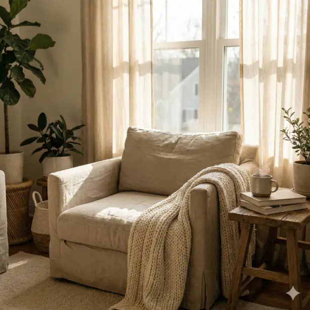 Create a cozy home aesthetic photo of a sunlit living room corner with a soft linen armchair placed near a large window, a knitted throw blanket casually draped over the armrest, a small wooden side table holding a ceramic mug with steam rising, sheer curtains gently glowing from warm morning light, neutral beige and cream tones, natural shadows, calm lived-in feel, realistic lifestyle photography style. Use aspect ratio 1:1.