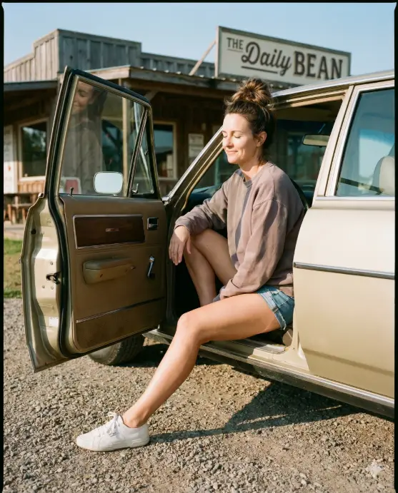 Create a realistic road trip photo of an adult woman sitting sideways in the passenger seat with the car door open, relaxed posture with one leg outside the car and one inside, wearing a soft sweatshirt, denim shorts, white sneakers, hair loosely tied in a messy bun, calm relaxed expression, roadside café in the background, warm morning sunlight, subtle shadows, cozy lifestyle travel photography aesthetic. Use aspect ratio 4:5.