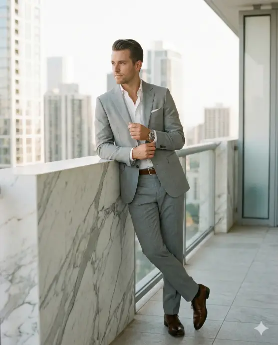 Create a luxury lifestyle portrait of a man leaning casually against a marble balcony railing of a high-rise penthouse, relaxed upright posture with shoulders back and one hand adjusting his cuff, wearing a tailored light grey suit with an open-collar white shirt, luxury leather belt, polished shoes, metal bracelet watch, neatly styled hair, calm confident gaze toward the city, soft morning light, modern skyline background, shallow depth of field, editorial fashion photography, refined Instagram luxury look. Use aspect ratio 4:5.