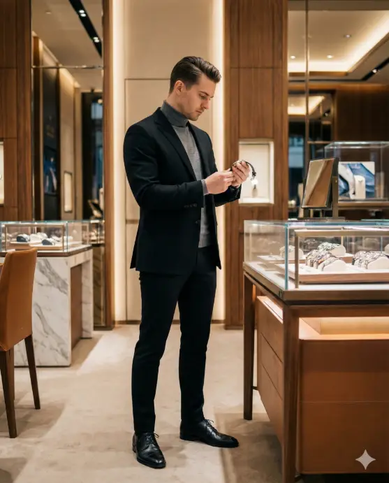 Create a luxury lifestyle image of a man standing inside a high-end watch boutique, upright posture examining a luxury watch closely, wearing a tailored black blazer, grey turtleneck, slim trousers, formal shoes, neatly styled hair, focused thoughtful expression, warm indoor lighting reflecting off glass displays, premium fashion photography style, sharp details, modern Instagram luxury vibe. Use aspect ratio 4:5.