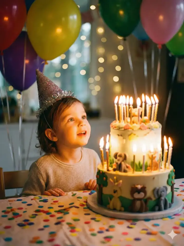 Create a joyful photograph of a young child sitting at a decorated table, eyes wide with wonder, gazing at a magnificent birthday cake topped with glowing candles. The scene is bathed in warm, golden candlelight that illuminates the child's face from below, creating a magical atmosphere. Colorful balloons float in the softly blurred background, and confetti dots the tablecloth. The child wears a sparkly party hat, and their expression captures pure anticipation just before blowing out the candles. Soft bokeh lights twinkle in the background, giving the image a dreamy, celebratory quality. Use aspect ratio 3:4.
